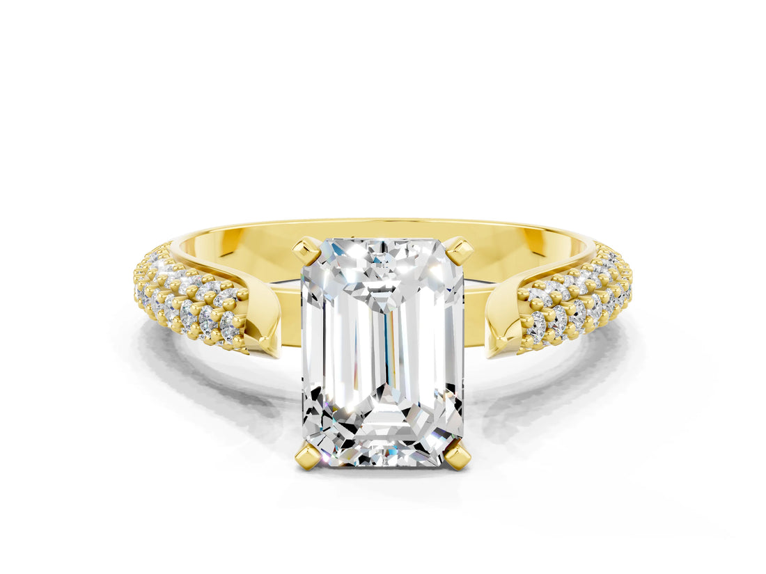 Yellow gold Emerald Cut Diamond Solitaire Engagement Ring with Pavé Band and Four-Prong Setting