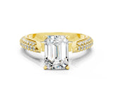 Yellow gold Emerald Cut Diamond Solitaire Engagement Ring with Pavé Band and Four-Prong Setting
