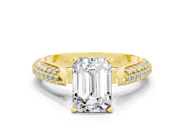 Yellow gold Emerald Cut Moissanite Solitaire Engagement Ring with Multi-Row Round Pavé Band and Prong Setting