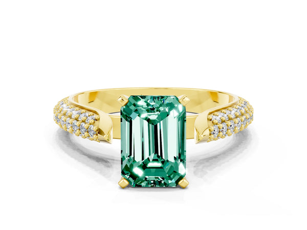 Yellow gold Emerald Cut Green Sapphire Solitaire Engagement Ring with Multi-Row Round Pavé Band and Prong Setting