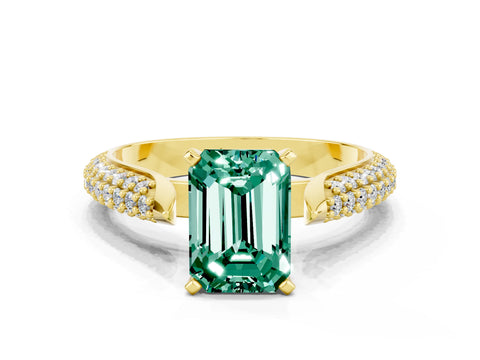 Yellow gold Emerald Cut Diamond Solitaire Engagement Ring with Pavé Band and Four-Prong Setting