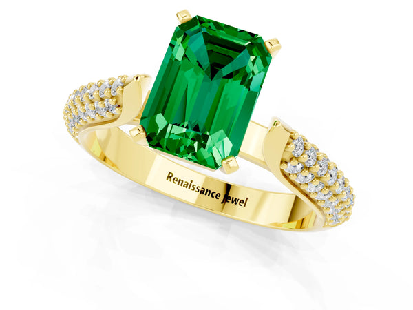 Yellow gold Emerald Cut Emerald Solitaire Engagement Ring with Multi-Row Round Pavé Band and Prong Setting