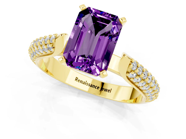 Yellow gold Emerald Cut Amethyst Solitaire Engagement Ring with Multi-Row Round Pavé Band and Prong Setting