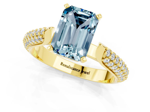 Yellow gold Emerald Cut Aquamarine Solitaire Engagement Ring with Multi-Row Round Pavé Band and Prong Setting
