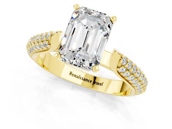 Yellow gold Emerald Cut Moissanite Solitaire Engagement Ring with Multi-Row Round Pavé Band and Prong Setting