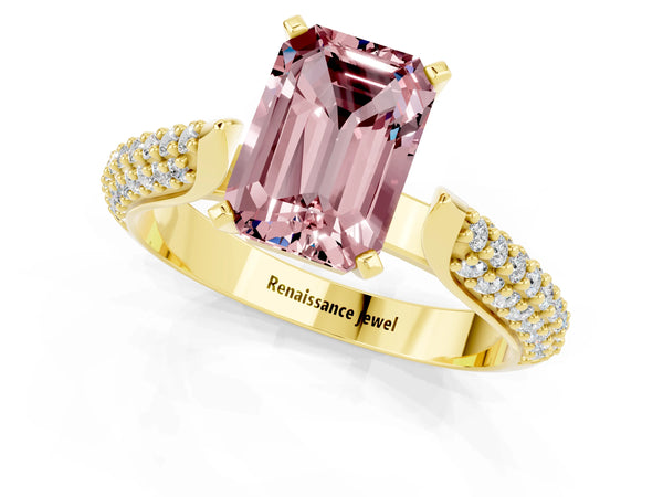 Yellow gold Emerald Cut Diamond Solitaire Engagement Ring with Pavé Band and Four-Prong Setting
