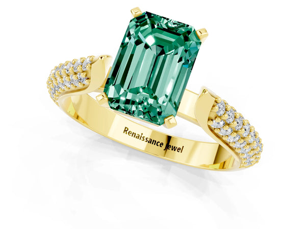 Yellow gold Emerald Cut Green Sapphire Solitaire Engagement Ring with Multi-Row Round Pavé Band and Prong Setting
