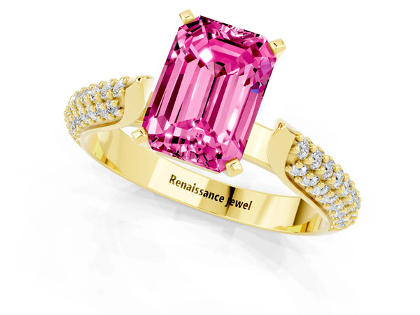 Yellow gold Emerald Cut Pink Sapphire Solitaire Engagement Ring with Multi-Row Round Pavé Band and Prong Setting