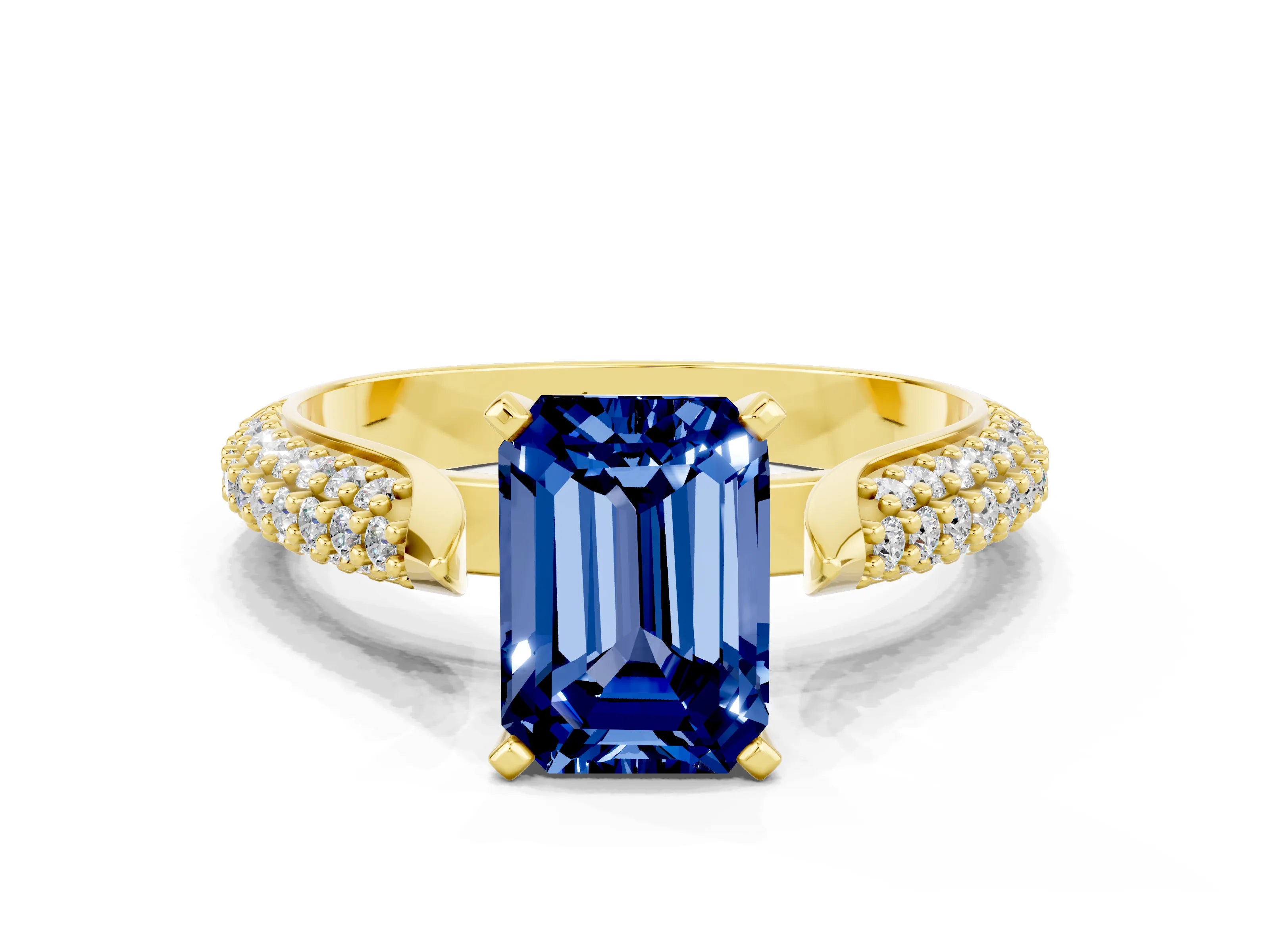 Yellow gold Emerald Cut Diamond Solitaire Engagement Ring with Pavé Band and Four-Prong Setting