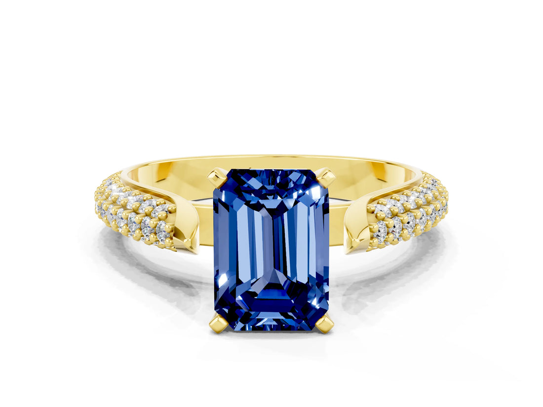 Yellow gold Emerald Cut Diamond Solitaire Engagement Ring with Pavé Band and Four-Prong Setting