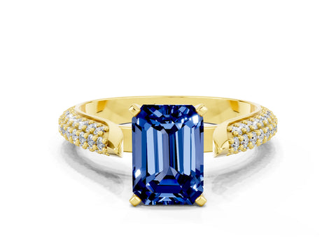 Yellow gold Emerald Cut Diamond Solitaire Engagement Ring with Pavé Band and Four-Prong Setting