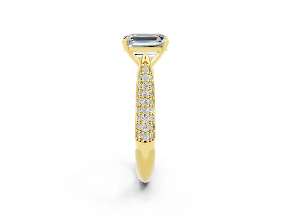 Yellow gold Emerald Cut Moissanite Solitaire Engagement Ring with Multi-Row Round Pavé Band and Prong Setting
