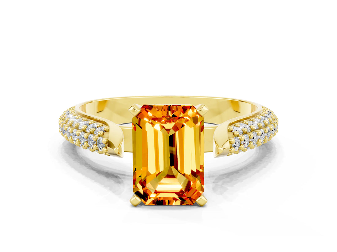 Yellow gold Emerald Cut Diamond Solitaire Engagement Ring with Pavé Band and Four-Prong Setting