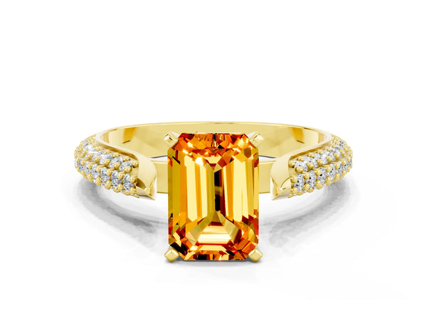 Yellow gold Emerald Cut Citrine Solitaire Engagement Ring with Multi-Row Round Pavé Band and Prong Setting