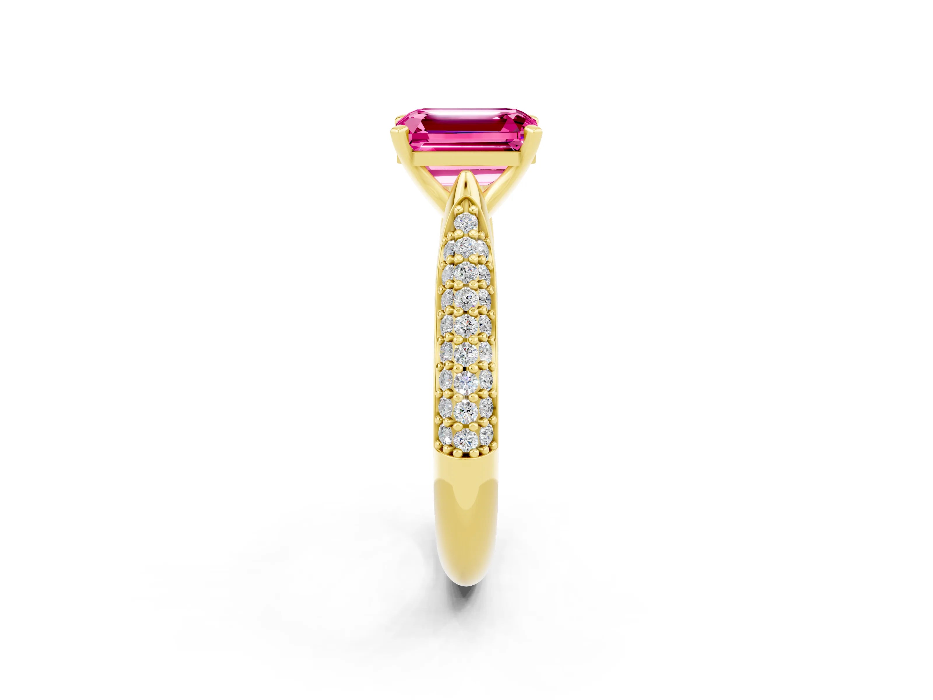 Yellow gold Emerald Cut Diamond Solitaire Engagement Ring with Pavé Band and Four-Prong Setting_2