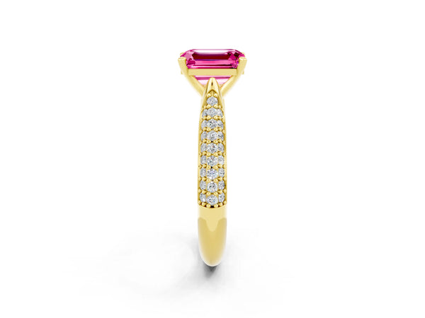 Yellow gold Emerald Cut Pink Sapphire Solitaire Engagement Ring with Multi-Row Round Pavé Band and Prong Setting