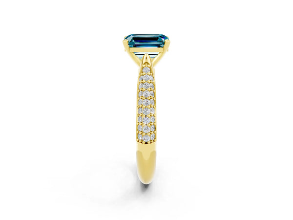 Yellow gold Emerald Cut Diamond Solitaire Engagement Ring with Pavé Band and Four-Prong Setting