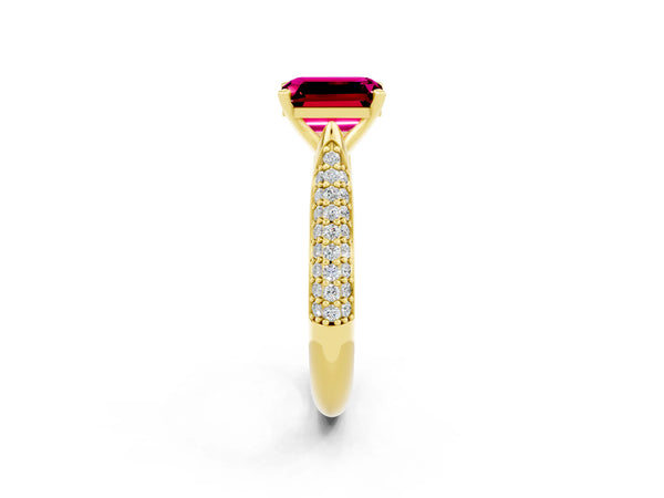 Yellow gold Emerald Cut Garnet Solitaire Engagement Ring with Multi-Row Round Pavé Band and Prong Setting