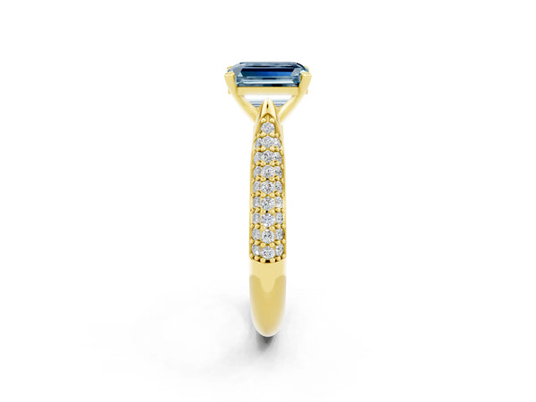 Yellow gold Emerald Cut Aquamarine Solitaire Engagement Ring with Multi-Row Round Pavé Band and Prong Setting