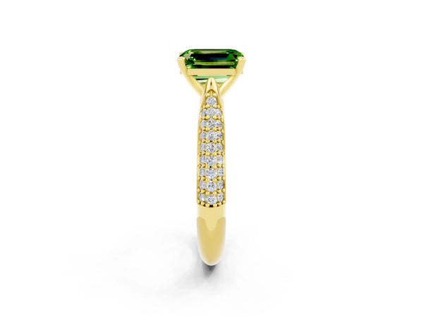 Yellow gold Emerald Cut Diamond Solitaire Engagement Ring with Pavé Band and Four-Prong Setting
