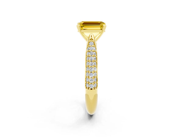Yellow gold Emerald Cut Yellow Sapphire Solitaire Engagement Ring with Multi-Row Round Pavé Band and Prong Setting
