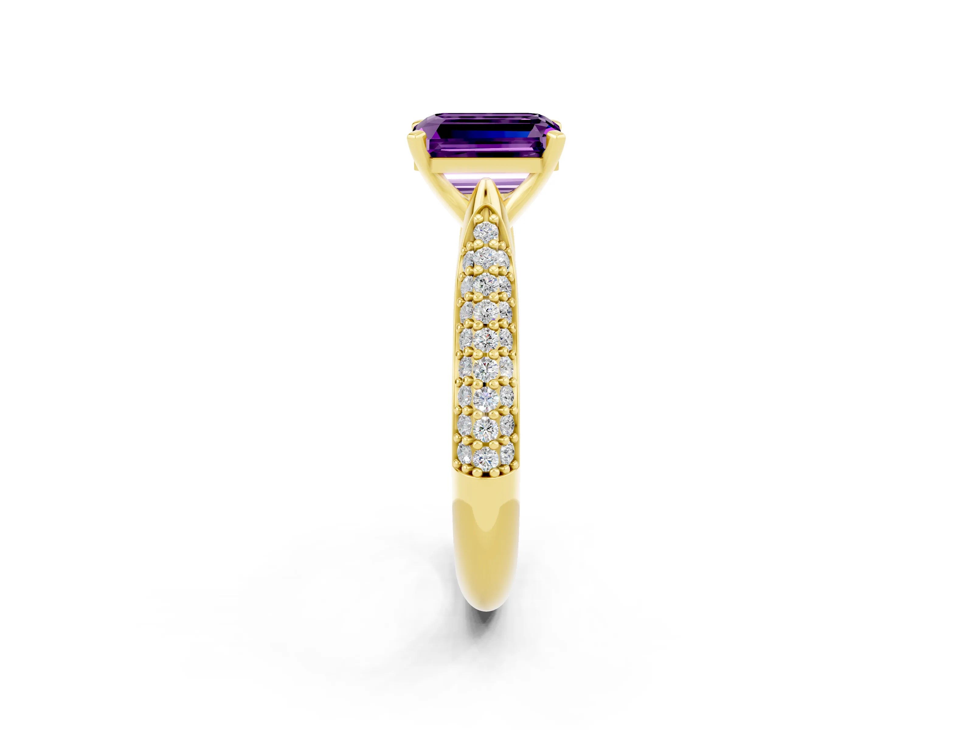 Yellow gold Emerald Cut Diamond Solitaire Engagement Ring with Pavé Band and Four-Prong Setting_2