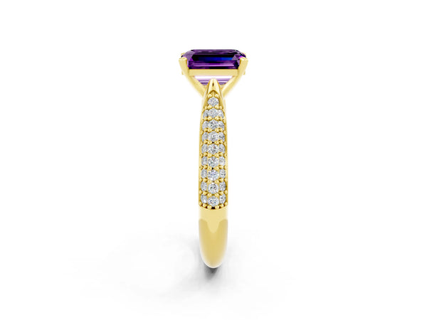 Yellow gold Emerald Cut Amethyst Solitaire Engagement Ring with Multi-Row Round Pavé Band and Prong Setting