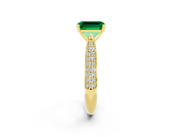 Yellow gold Emerald Cut Emerald Solitaire Engagement Ring with Multi-Row Round Pavé Band and Prong Setting