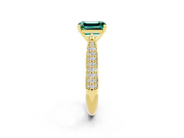 Yellow gold Emerald Cut Green Sapphire Solitaire Engagement Ring with Multi-Row Round Pavé Band and Prong Setting
