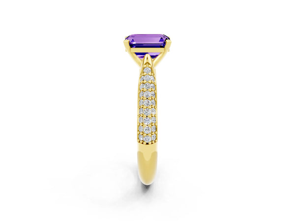 Yellow gold Emerald Cut Tanzanite Solitaire Engagement Ring with Multi-Row Round Pavé Band and Prong Setting