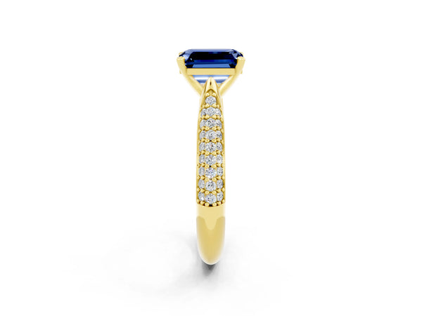 Yellow gold Emerald Cut Blue Sapphire Solitaire Engagement Ring with Multi-Row Round Pavé Band and Prong Setting