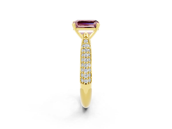 Yellow gold Emerald Cut Diamond Solitaire Engagement Ring with Pavé Band and Four-Prong Setting