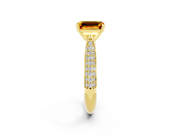 Yellow gold Emerald Cut Citrine Solitaire Engagement Ring with Multi-Row Round Pavé Band and Prong Setting