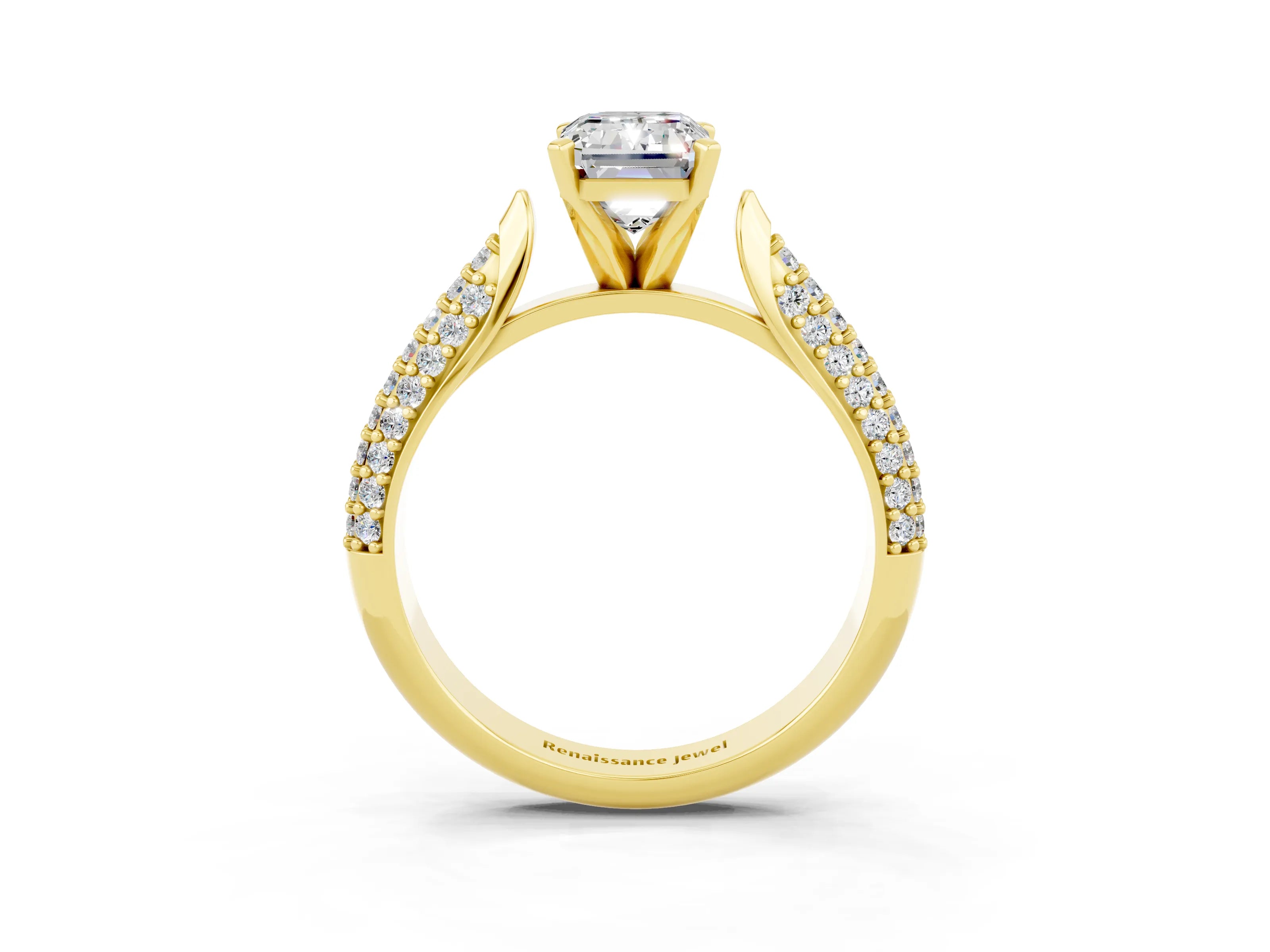 Yellow gold Emerald Cut Diamond Solitaire Engagement Ring with Pavé Band and Four-Prong Setting_3