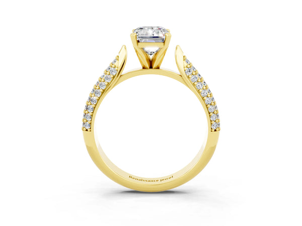 Yellow gold Emerald Cut Moissanite Solitaire Engagement Ring with Multi-Row Round Pavé Band and Prong Setting