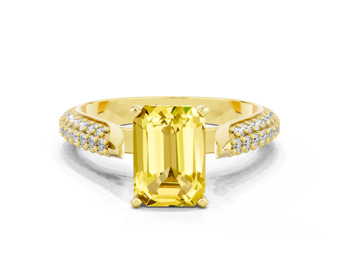 Yellow gold Emerald Cut Diamond Solitaire Engagement Ring with Pavé Band and Four-Prong Setting