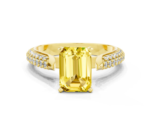 Yellow gold Emerald Cut Yellow Sapphire Solitaire Engagement Ring with Multi-Row Round Pavé Band and Prong Setting