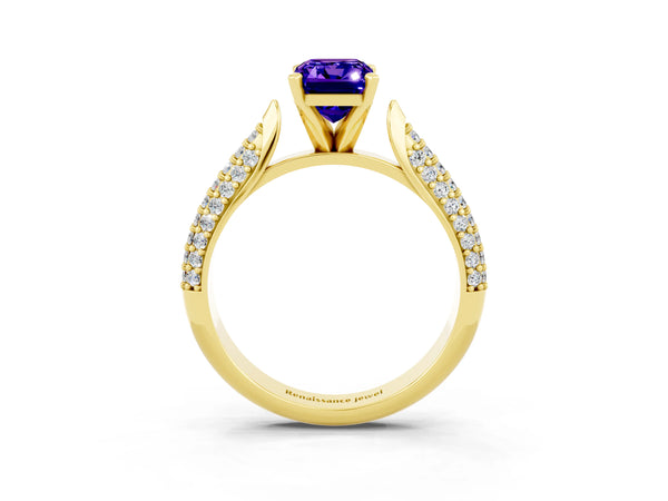 Yellow gold Emerald Cut Tanzanite Solitaire Engagement Ring with Multi-Row Round Pavé Band and Prong Setting