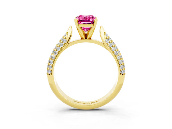 Yellow gold Emerald Cut Pink Sapphire Solitaire Engagement Ring with Multi-Row Round Pavé Band and Prong Setting