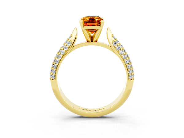 Yellow gold Emerald Cut Citrine Solitaire Engagement Ring with Multi-Row Round Pavé Band and Prong Setting