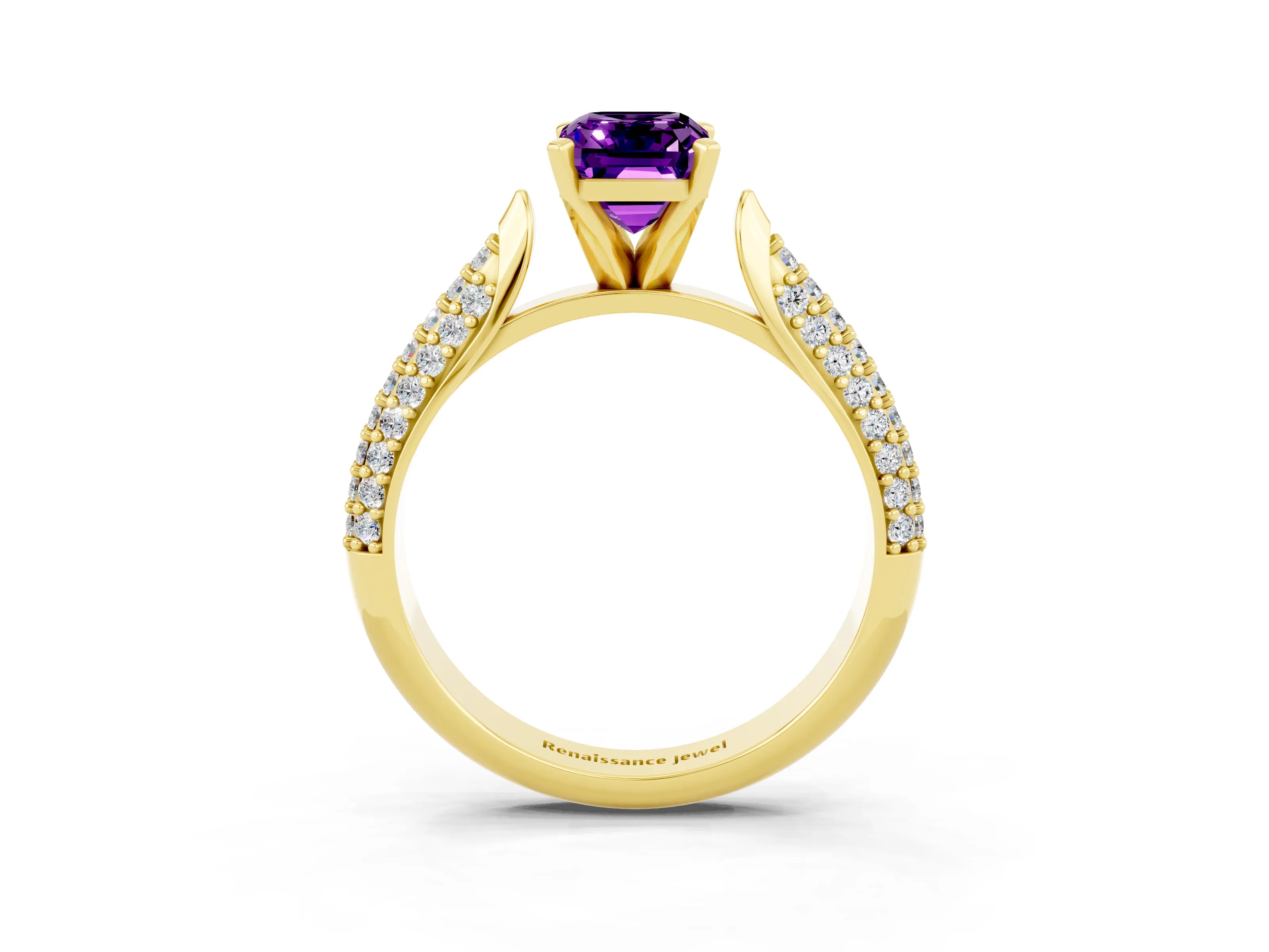 Yellow gold Emerald Cut Diamond Solitaire Engagement Ring with Pavé Band and Four-Prong Setting_3