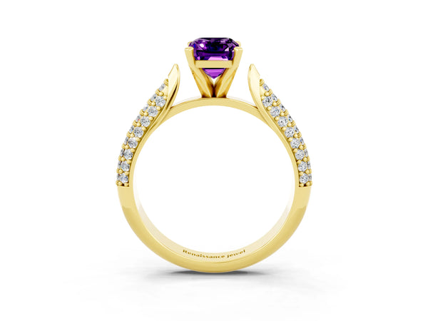 Yellow gold Emerald Cut Amethyst Solitaire Engagement Ring with Multi-Row Round Pavé Band and Prong Setting
