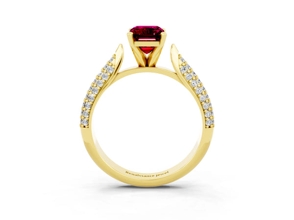 Yellow gold Emerald Cut Garnet Solitaire Engagement Ring with Multi-Row Round Pavé Band and Prong Setting