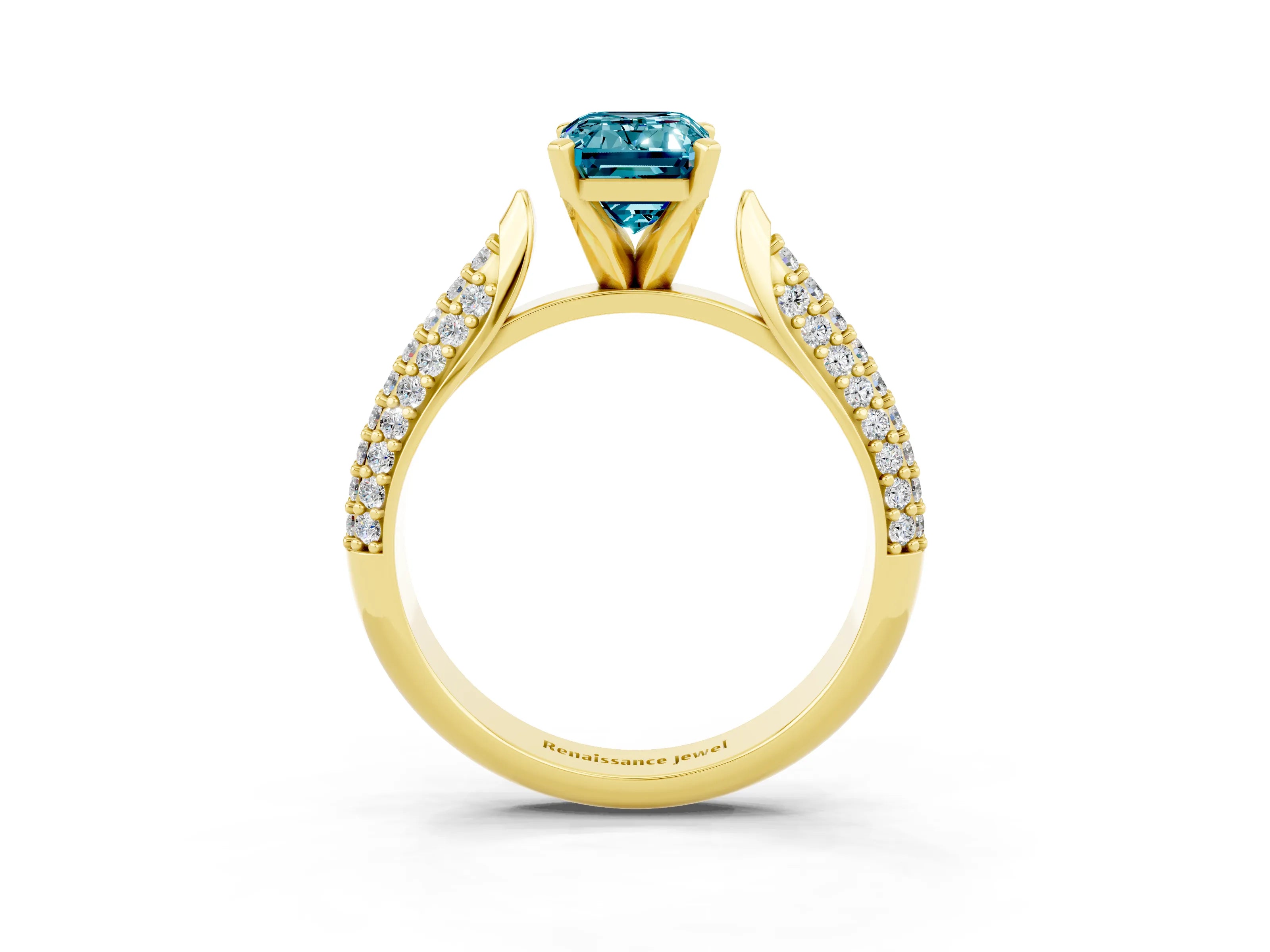 Yellow gold Emerald Cut Diamond Solitaire Engagement Ring with Pavé Band and Four-Prong Setting_3