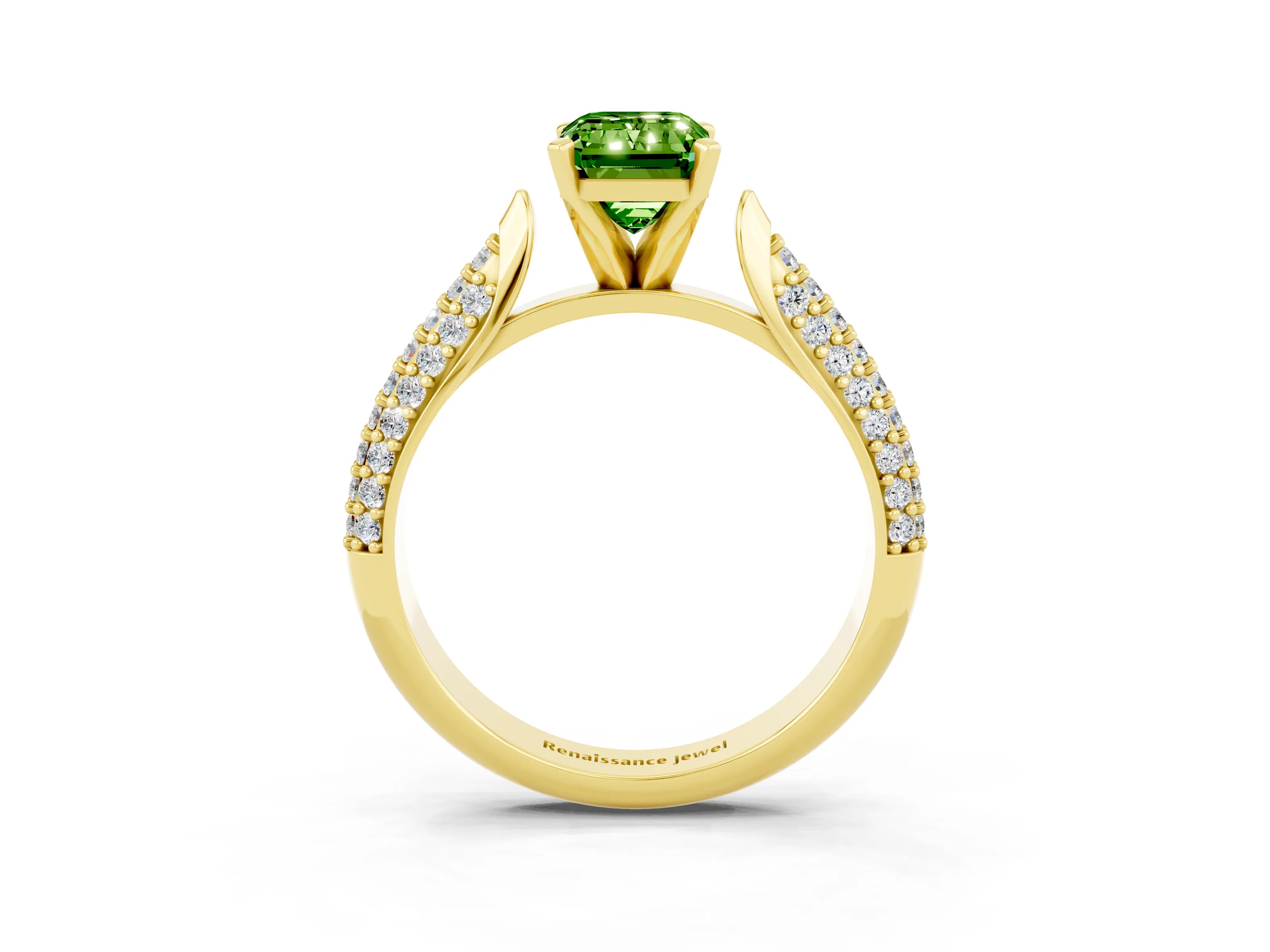 Yellow gold Emerald Cut Diamond Solitaire Engagement Ring with Pavé Band and Four-Prong Setting_3