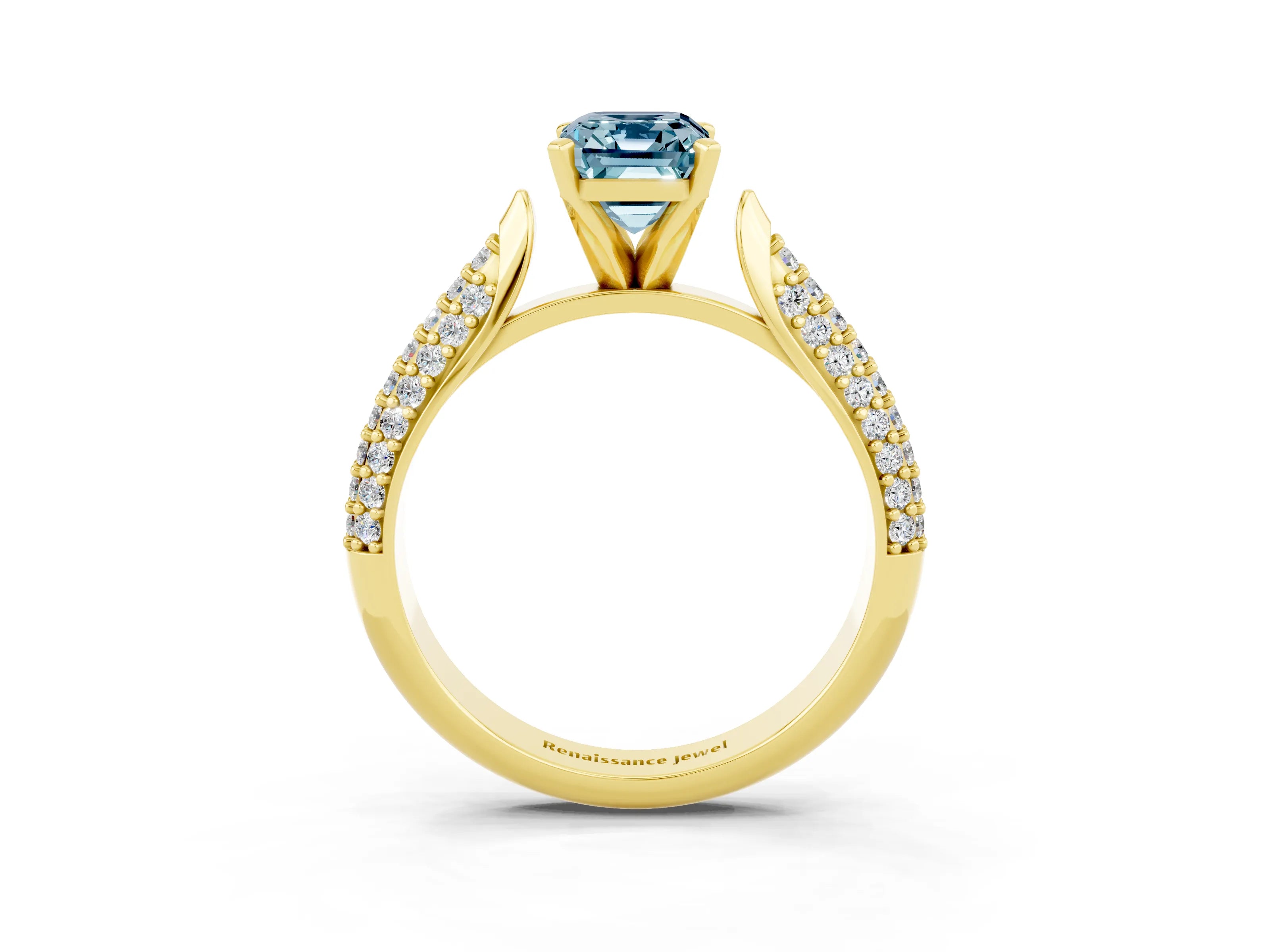 Yellow gold Emerald Cut Diamond Solitaire Engagement Ring with Pavé Band and Four-Prong Setting_3