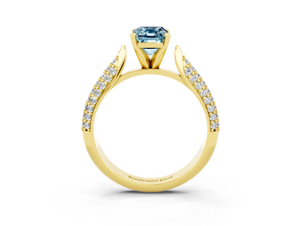 Yellow gold Emerald Cut Aquamarine Solitaire Engagement Ring with Multi-Row Round Pavé Band and Prong Setting