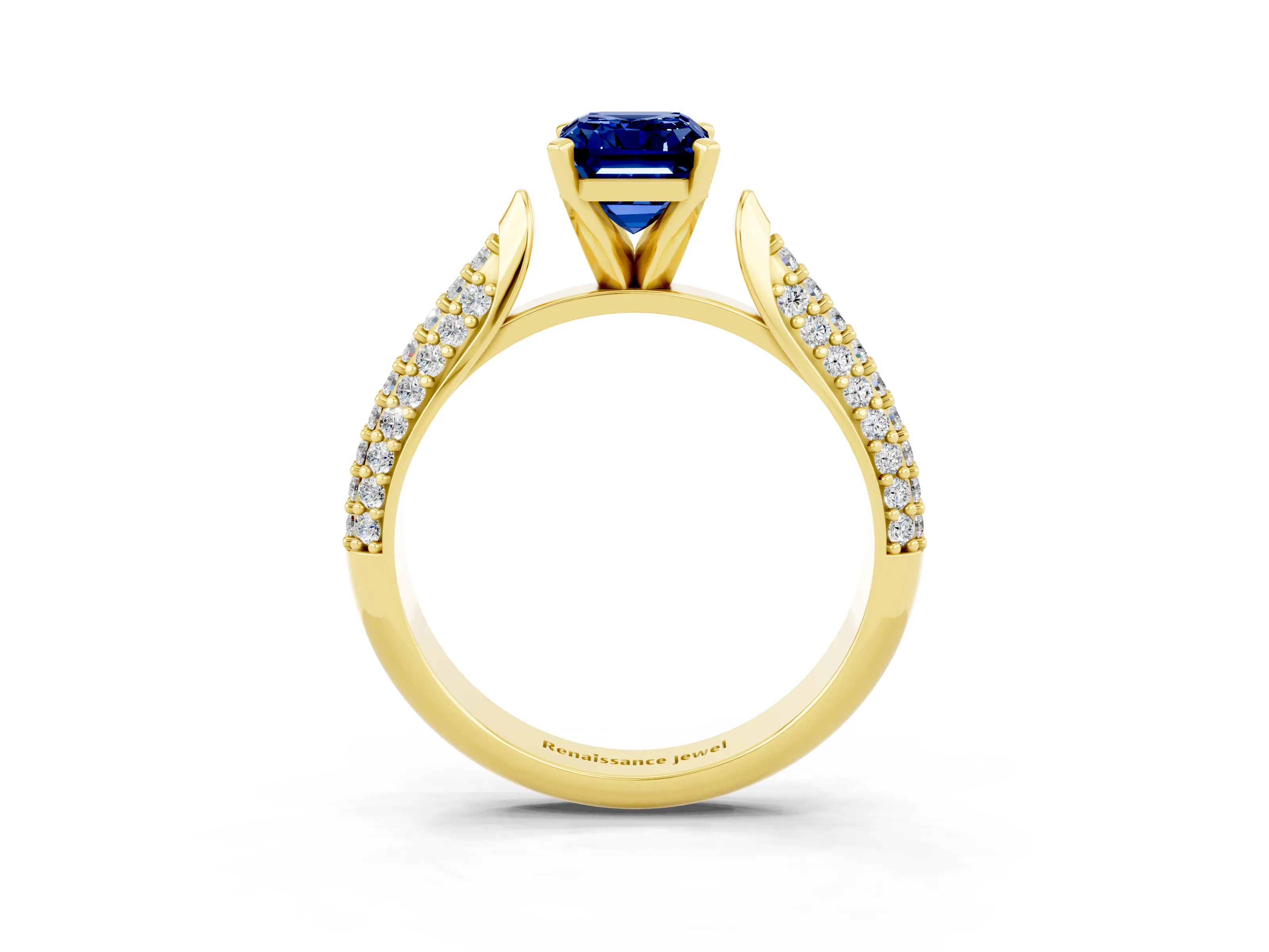 Yellow gold Emerald Cut Diamond Solitaire Engagement Ring with Pavé Band and Four-Prong Setting_3