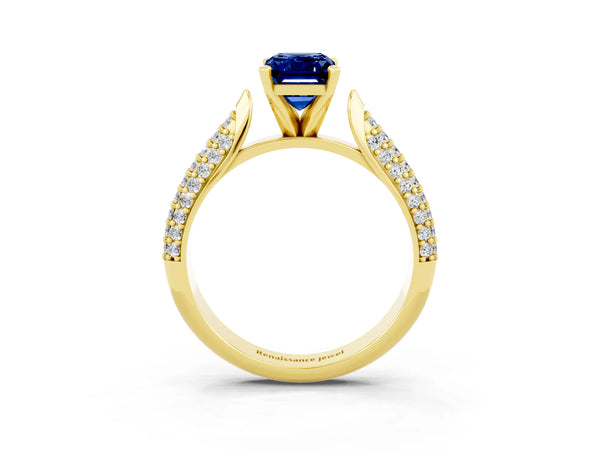 Yellow gold Emerald Cut Blue Sapphire Solitaire Engagement Ring with Multi-Row Round Pavé Band and Prong Setting