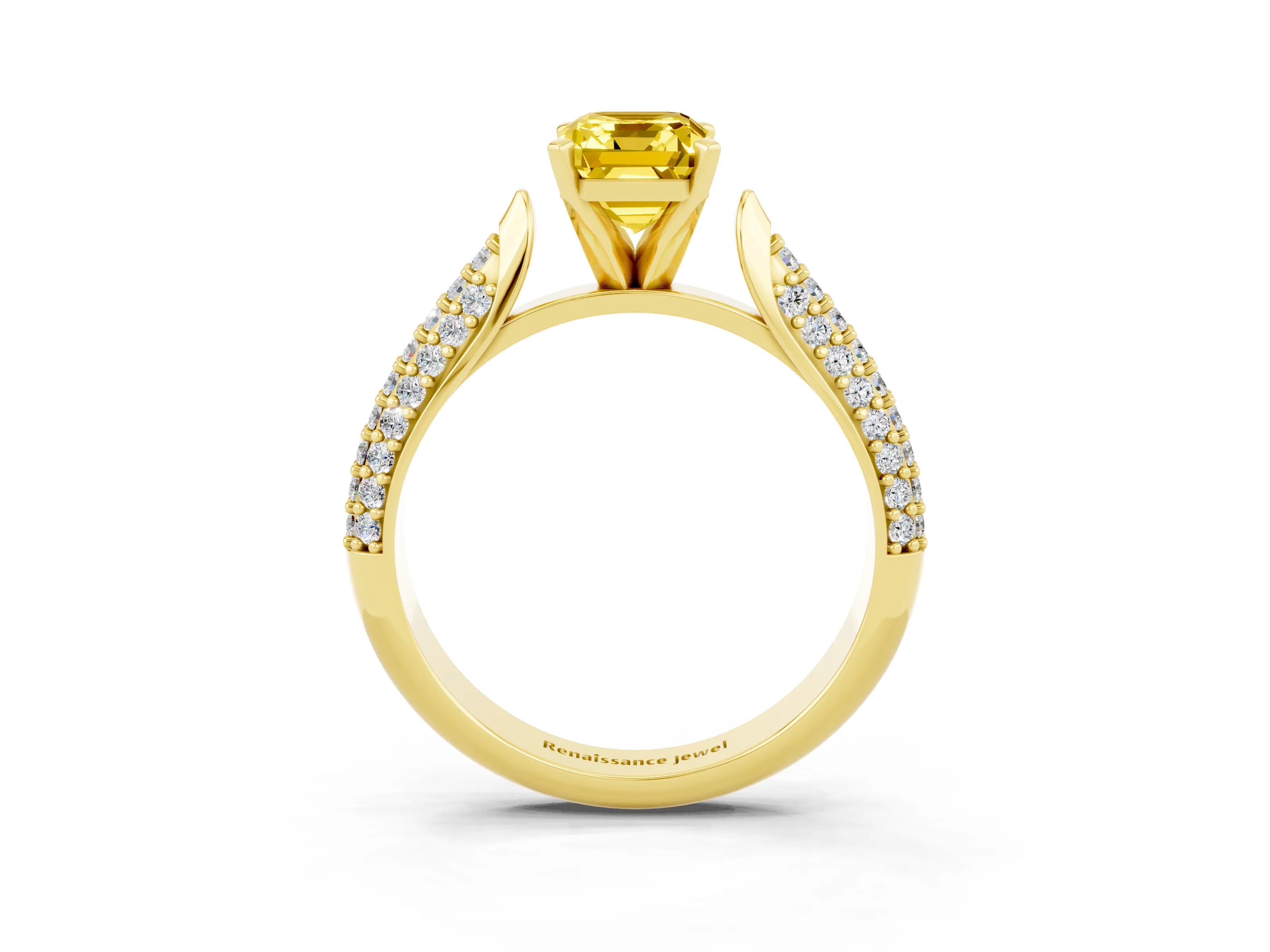 Yellow gold Emerald Cut Diamond Solitaire Engagement Ring with Pavé Band and Four-Prong Setting_3